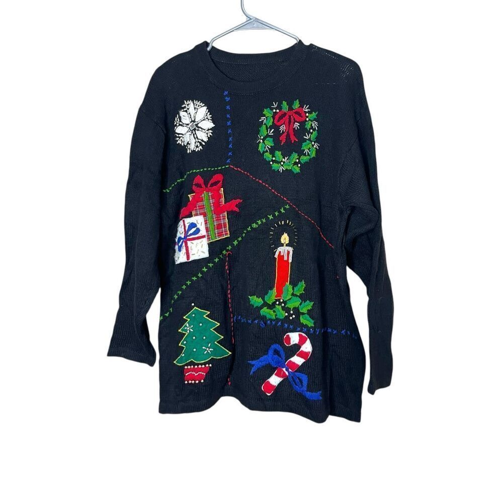 Vintage Ugly Christmas Sweater‎ Embroidered Beaded M/L